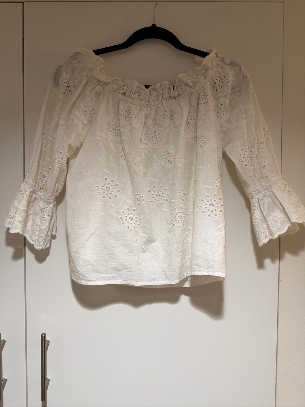 White Off-Shoulder Eyelet Blouse with Ruffle Neckline